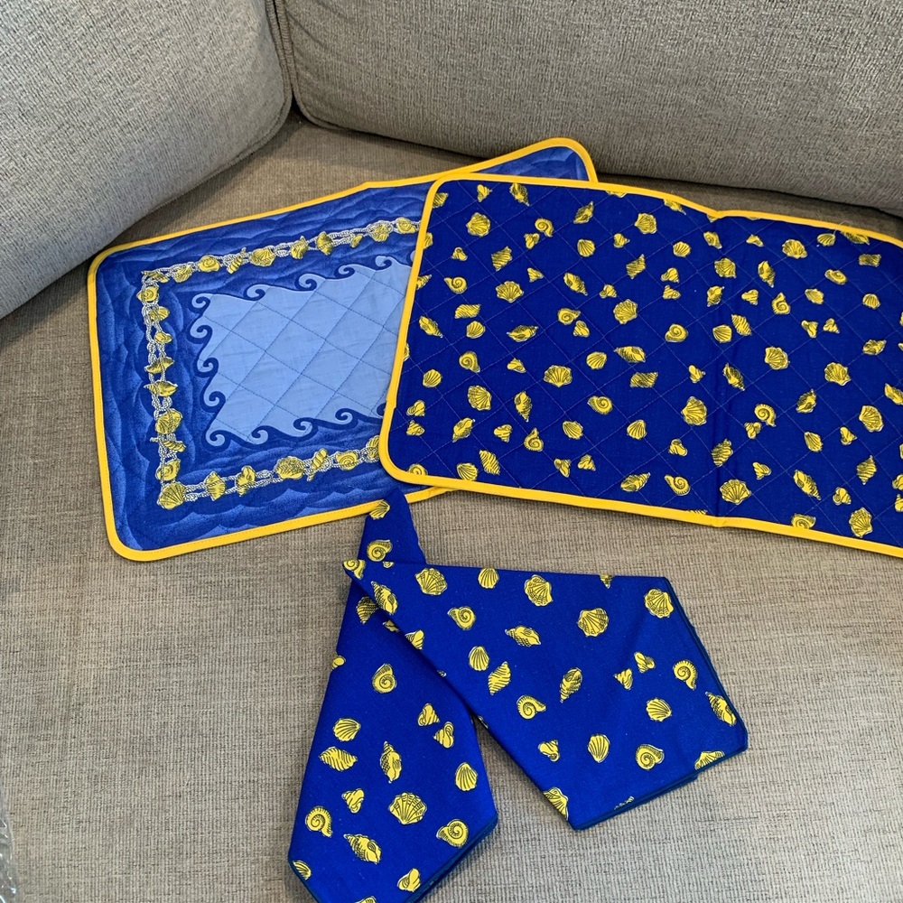 New Reversible French Placemats with napkins. Vibrant Blue & yellow gold.
